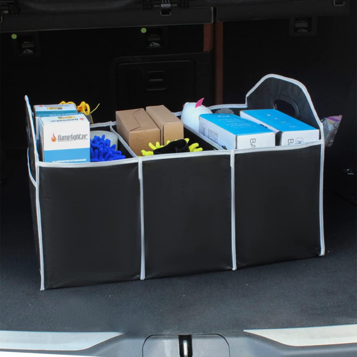 Car Boot Organizer 60×31×28cm Foldable Trunk Storage Box Multi-Compartment Waterproof Durable Non-Slip Base Car Trunk Organizer for SUV Travel Groceries & Accessories