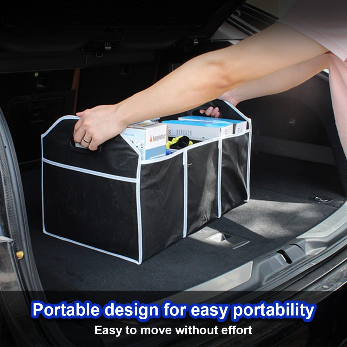 Car Boot Organizer 60×31×28cm Foldable Trunk Storage Box Multi-Compartment Waterproof Durable Non-Slip Base Car Trunk Organizer for SUV Travel Groceries & Accessories
