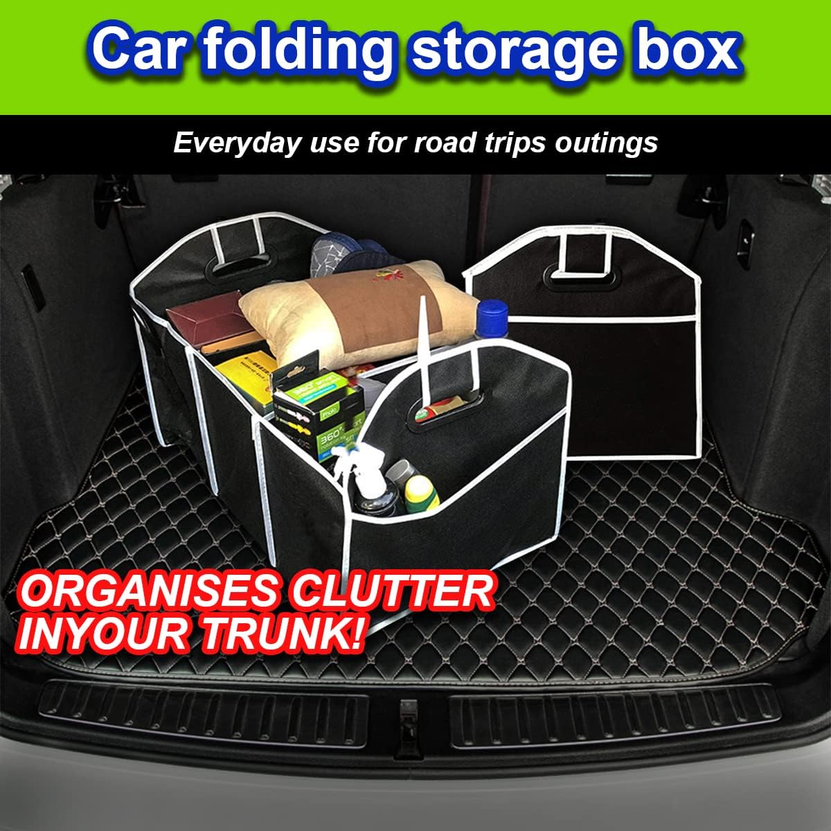 Car Boot Organizer 60×31×28cm Foldable Trunk Storage Box Multi-Compartment Waterproof Durable Non-Slip Base Car Trunk Organizer for SUV Travel Groceries & Accessories