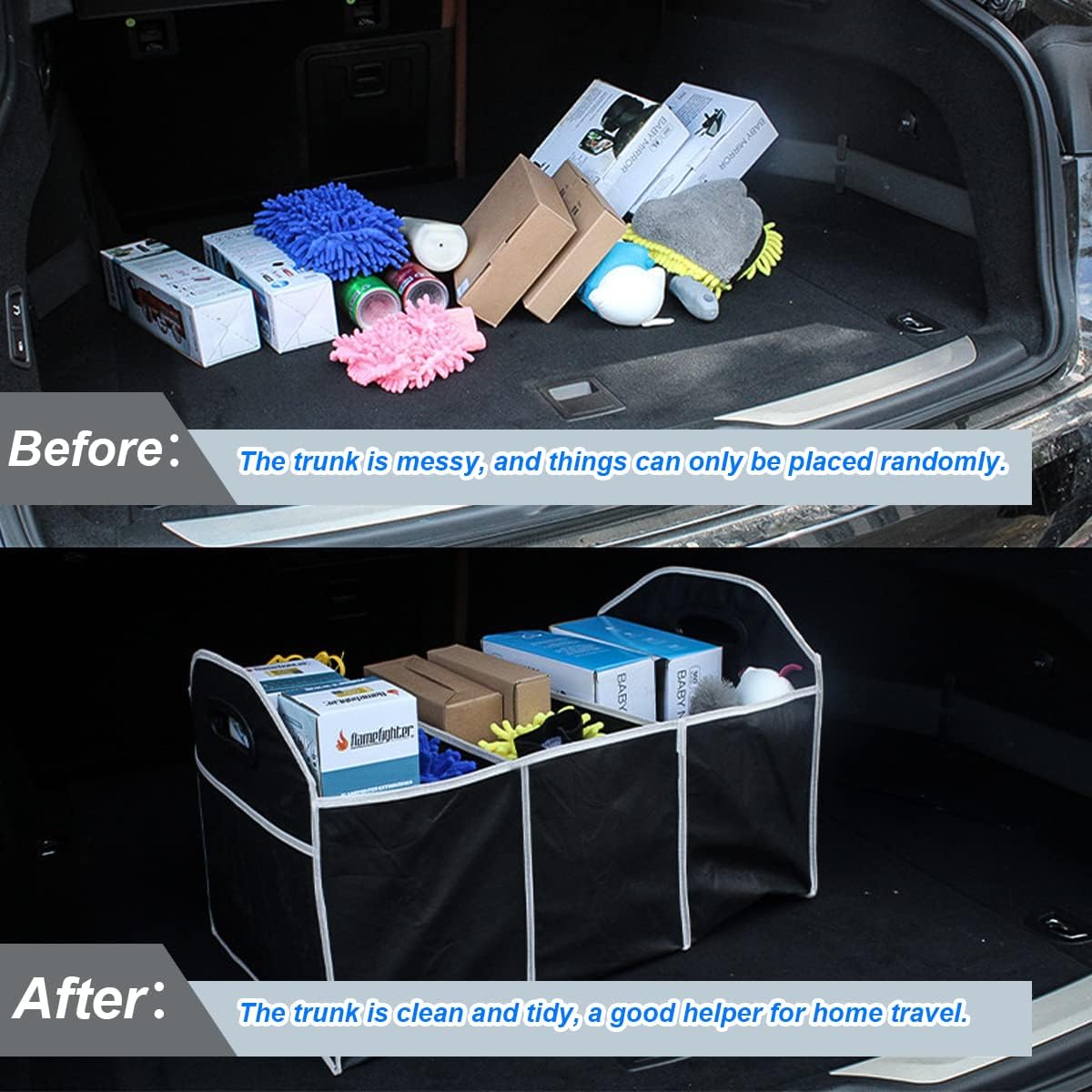 Car Boot Organizer 60×31×28cm Foldable Trunk Storage Box Multi-Compartment Waterproof Durable Non-Slip Base Car Trunk Organizer for SUV Travel Groceries & Accessories