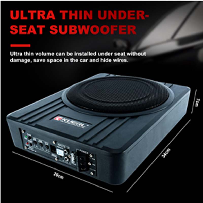 KUERL 10 Inch Ultra Thin Active Car Subwoofer Slim Under Seat Powered Bass Speaker Built In Amplifier High Power Car Audio Sound System for Sedan SUV Truck