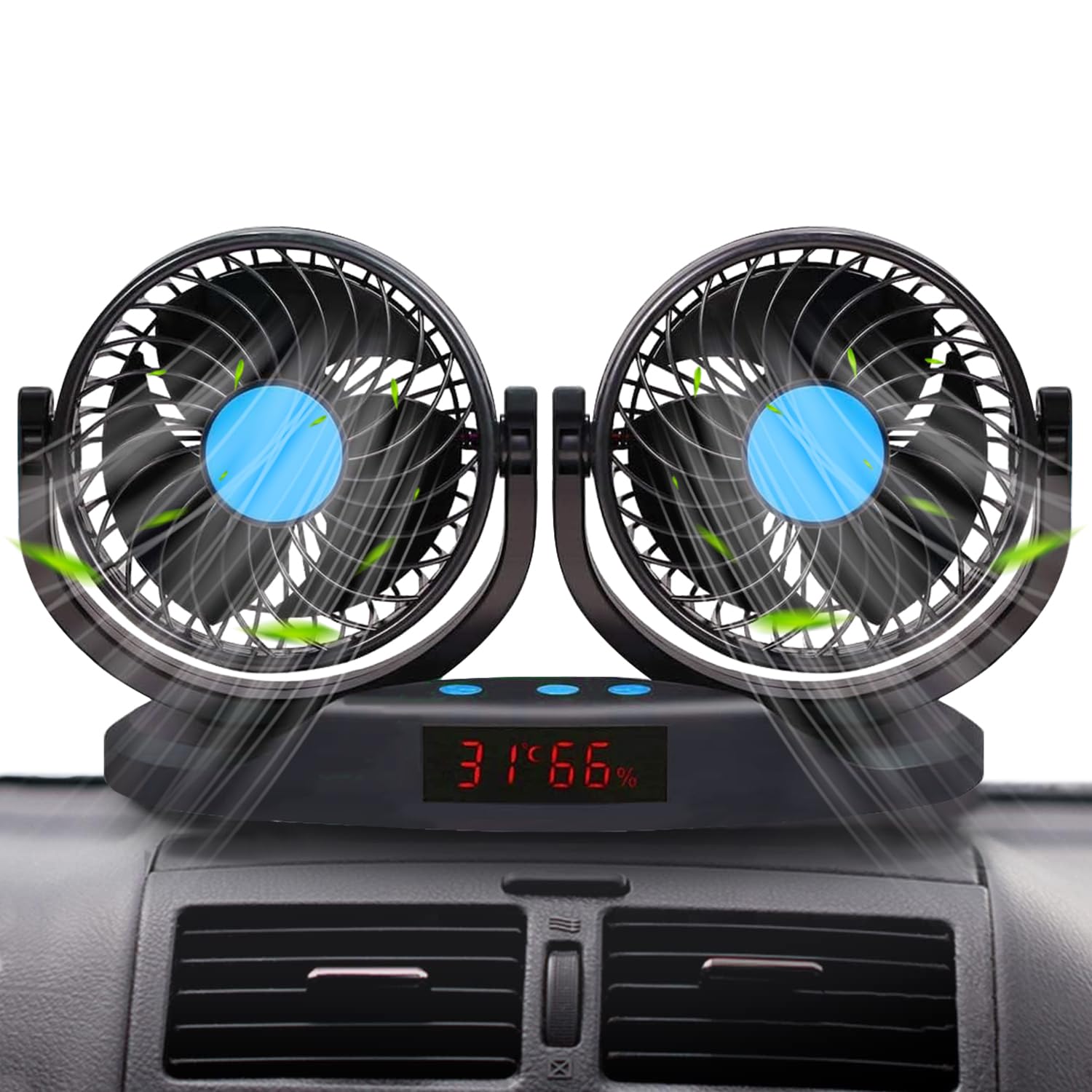 Double Headed Vehicle Fan 12V Car Cooling Fan Dual Speed Adjustable Dashboard Auto Fan Low Noise Strong Wind Energy Saving for Cars Trucks SUV Universal