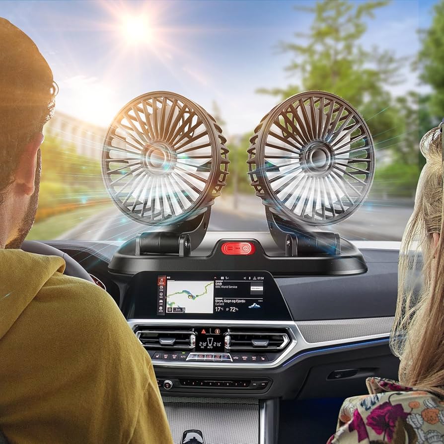 Double Headed Vehicle Fan 12V Car Cooling Fan Dual Speed Adjustable Dashboard Auto Fan Low Noise Strong Wind Energy Saving for Cars Trucks SUV Universal