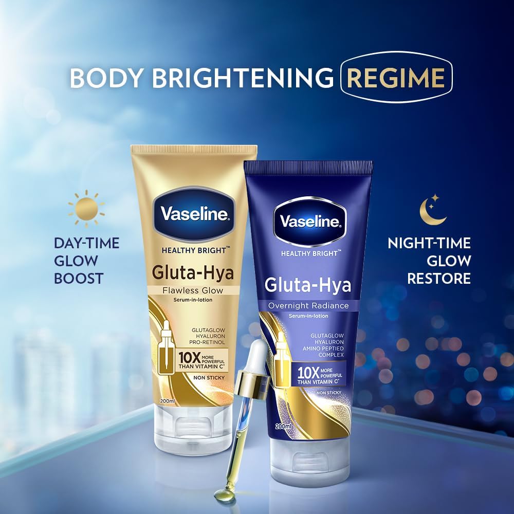 Vaseline Gluta Hya Overnight Radiance Serum Burst Lotion Night Repair Body Lotion Brightening Hydrating Glutathione Hyaluronic Acid Smooth Glowing Skin Fast Absorbing Non Greasy 300ml