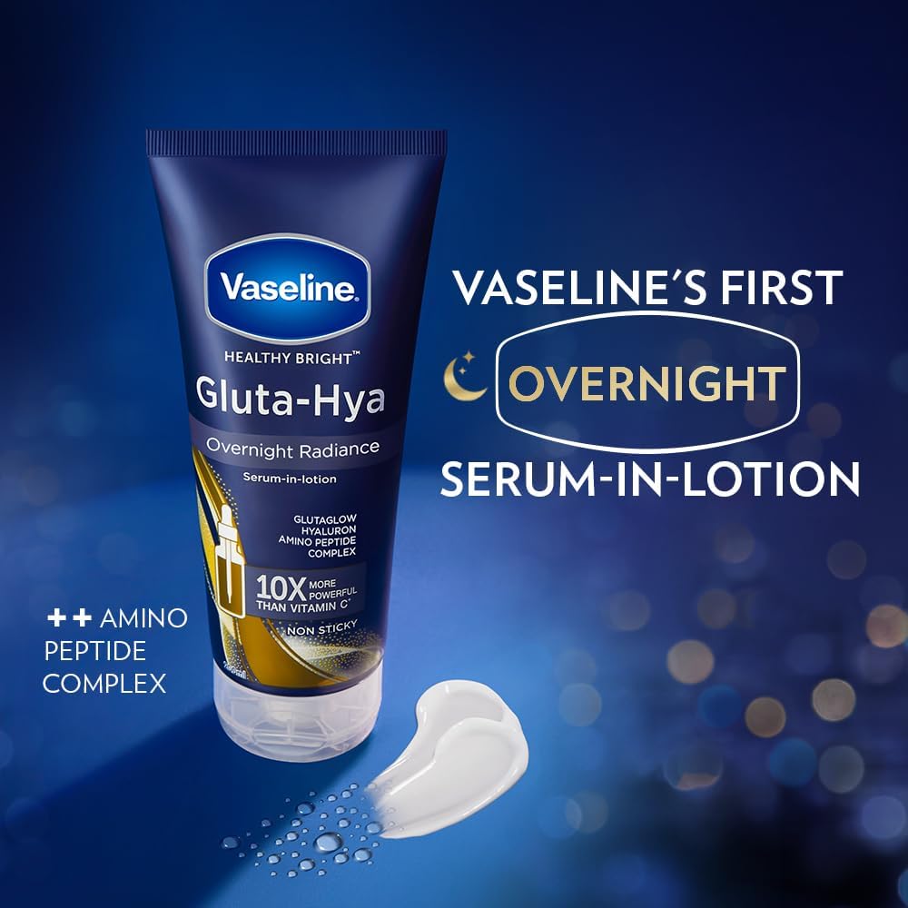 Vaseline Gluta Hya Overnight Radiance Serum Burst Lotion Night Repair Body Lotion Brightening Hydrating Glutathione Hyaluronic Acid Smooth Glowing Skin Fast Absorbing Non Greasy 300ml