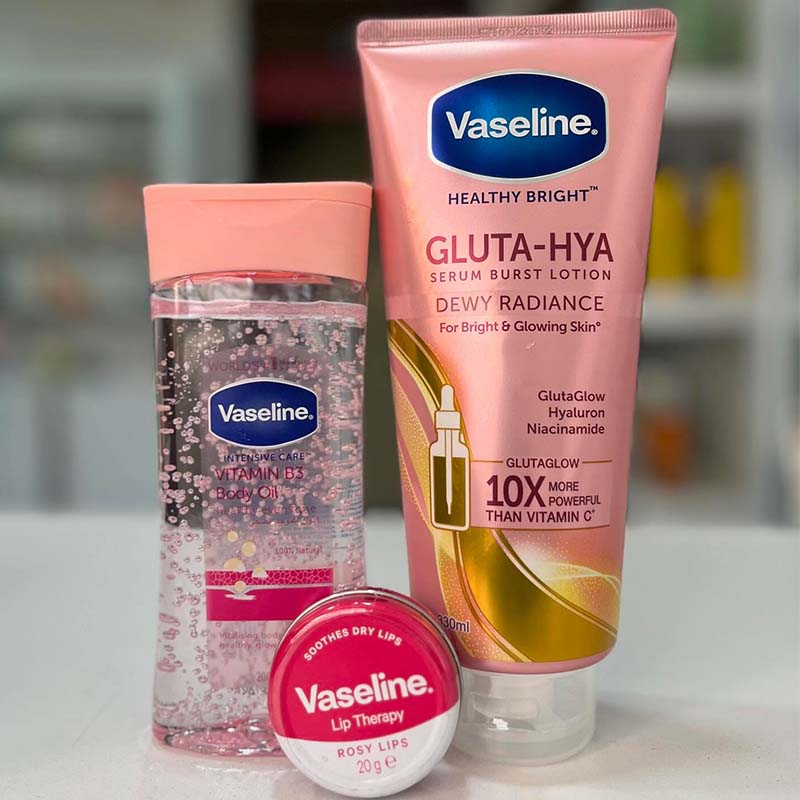 Vaseline 3 in 1 Combo Set Pink Lip Balm + Gluta Hya Dewy Radiance Lotion + Vitamin B3 Body Oil Hydrating Brightening Smooth Glowing Skin Moisturizing Daily Care Bundle Offer