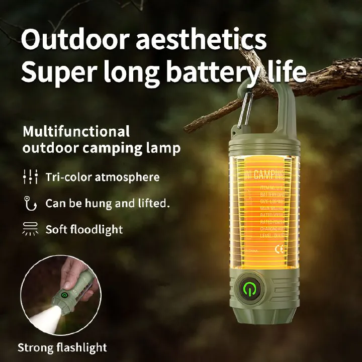 Multi Functional Outdoor Camping Light, Portable Strong Light Flashlight, Charging mini Retro Camping Atmosphere Light, Emergency, Hiking, Fishing Camping Essentials (Blackish Green)