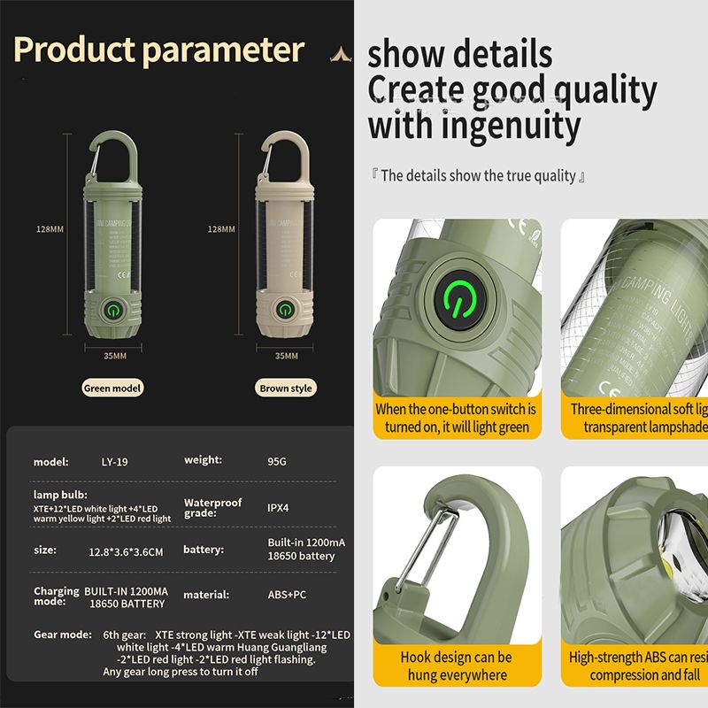 Multi Functional Outdoor Camping Light, Portable Strong Light Flashlight, Charging mini Retro Camping Atmosphere Light, Emergency, Hiking, Fishing Camping Essentials (Blackish Green)