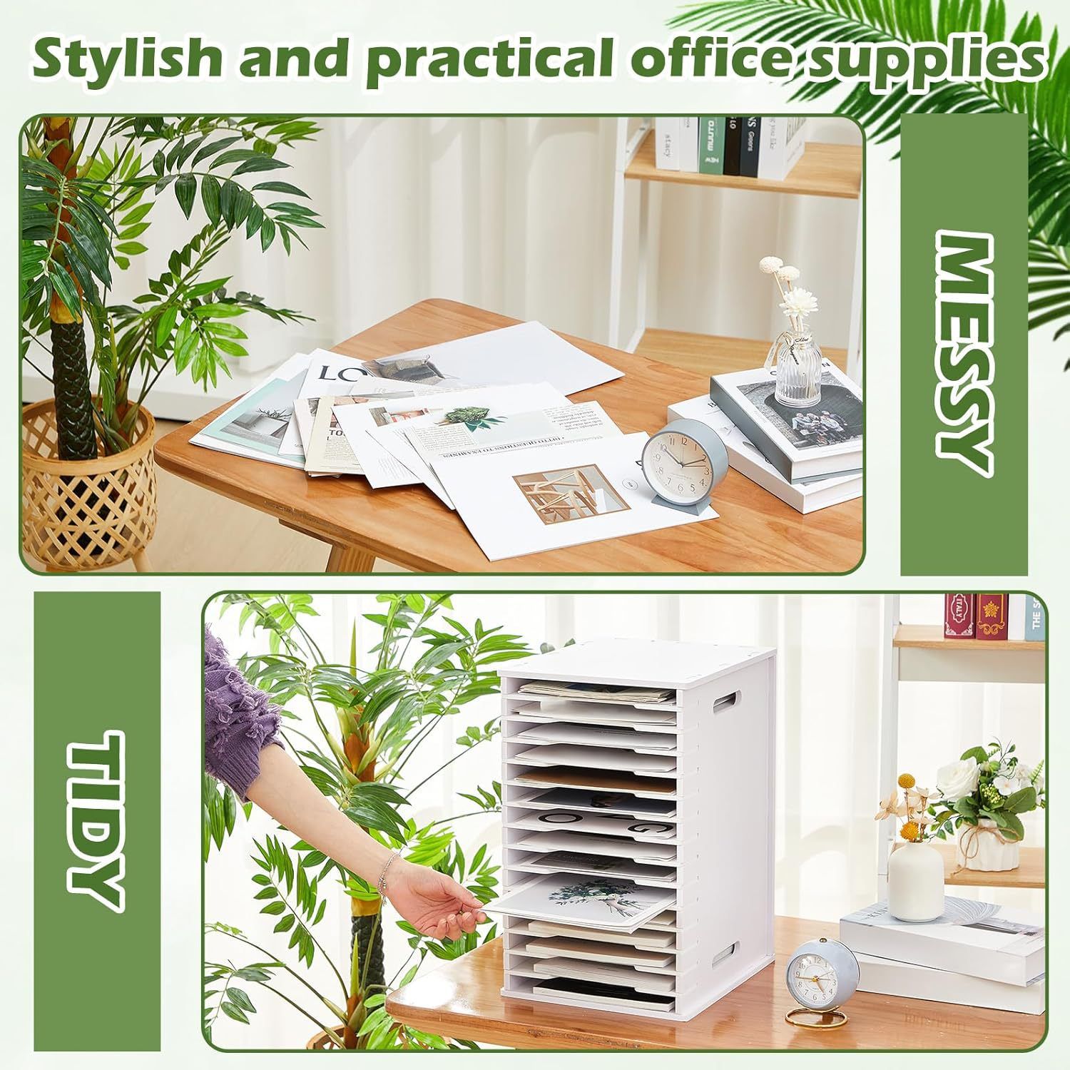 File Organizer for Desk - 6/12/15 Tier Wide Document Holder, Letter Mail Tray Storage Rack, File Sorter Organizer, Paper Storage Holder, Desktop Organizer for Home Office School, White