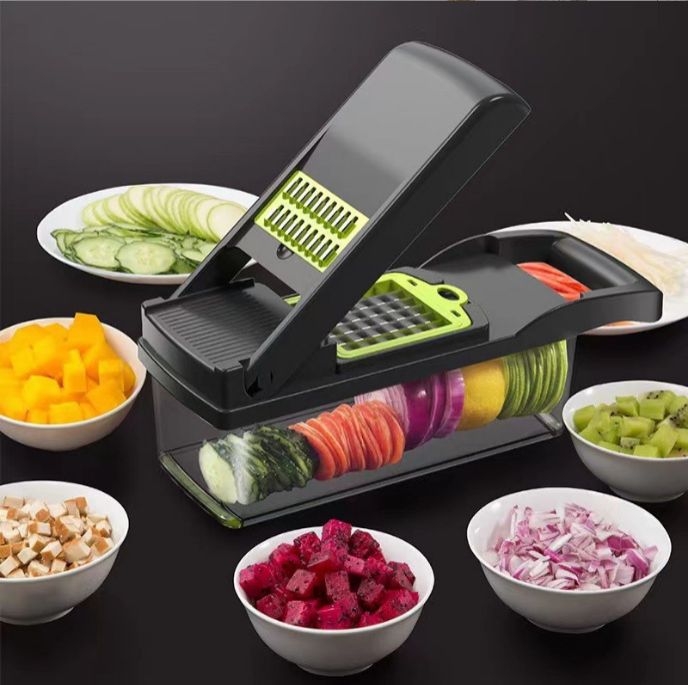 Vegetable Chopper Dicer with Container | Cheese Grater Mandoline Slicer Cabbage Shredder French Fry Cutter Stainless Steel for Veggie Onion Potato Fruit Food, Manual Hand Cooking Gadget for Kitchen