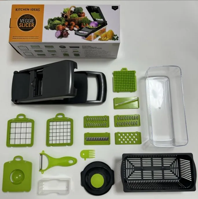 Vegetable Chopper Dicer with Container | Cheese Grater Mandoline Slicer Cabbage Shredder French Fry Cutter Stainless Steel for Veggie Onion Potato Fruit Food, Manual Hand Cooking Gadget for Kitchen