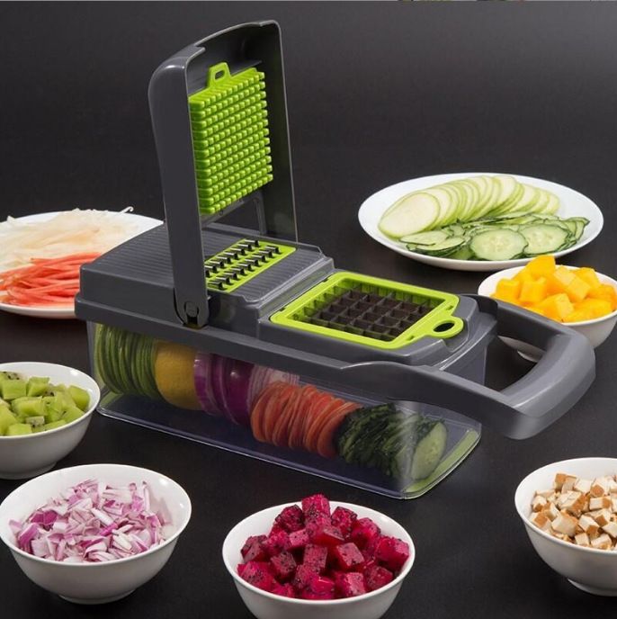Vegetable Chopper Dicer with Container | Cheese Grater Mandoline Slicer Cabbage Shredder French Fry Cutter Stainless Steel for Veggie Onion Potato Fruit Food, Manual Hand Cooking Gadget for Kitchen
