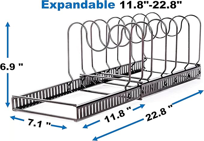 Pots and Pans Organizer Under Cabinet - Expandable Pot Lid Holder with 10 Adjustable Dividers for Kitchen Cabinet, Baking Pan and Tray Organizer, Cookware Baking Frying Rack