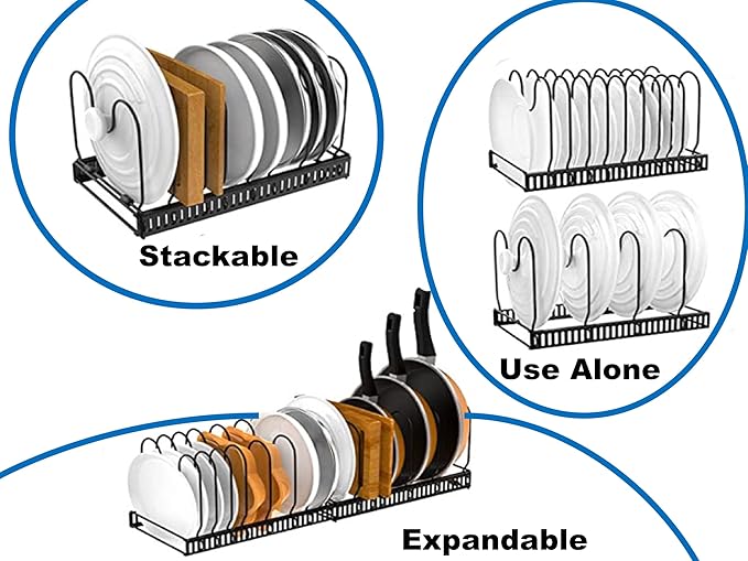 Pots and Pans Organizer Under Cabinet - Expandable Pot Lid Holder with 10 Adjustable Dividers for Kitchen Cabinet, Baking Pan and Tray Organizer, Cookware Baking Frying Rack