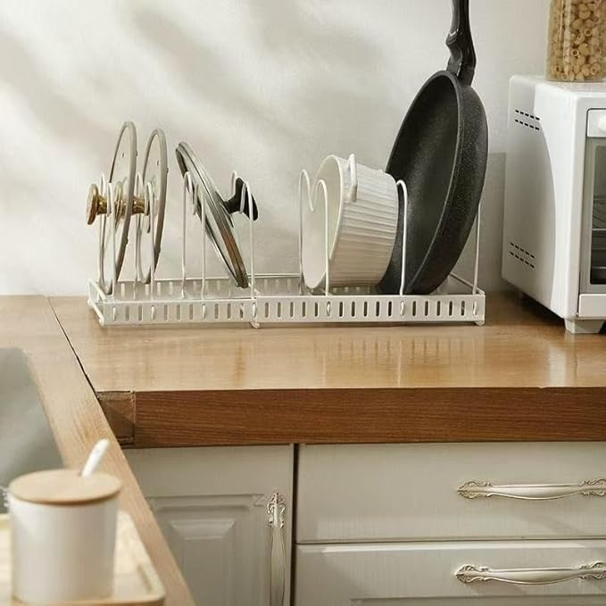 Pots and Pans Organizer Under Cabinet - Expandable Pot Lid Holder with 10 Adjustable Dividers for Kitchen Cabinet, Baking Pan and Tray Organizer, Cookware Baking Frying Rack