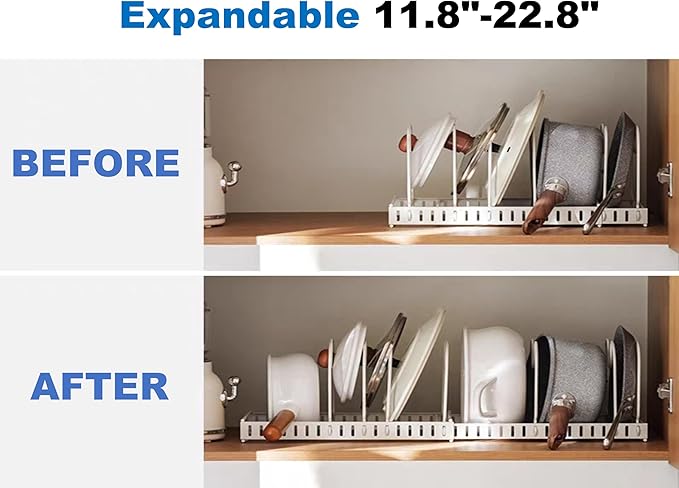 Pots and Pans Organizer Under Cabinet - Expandable Pot Lid Holder with 10 Adjustable Dividers for Kitchen Cabinet, Baking Pan and Tray Organizer, Cookware Baking Frying Rack