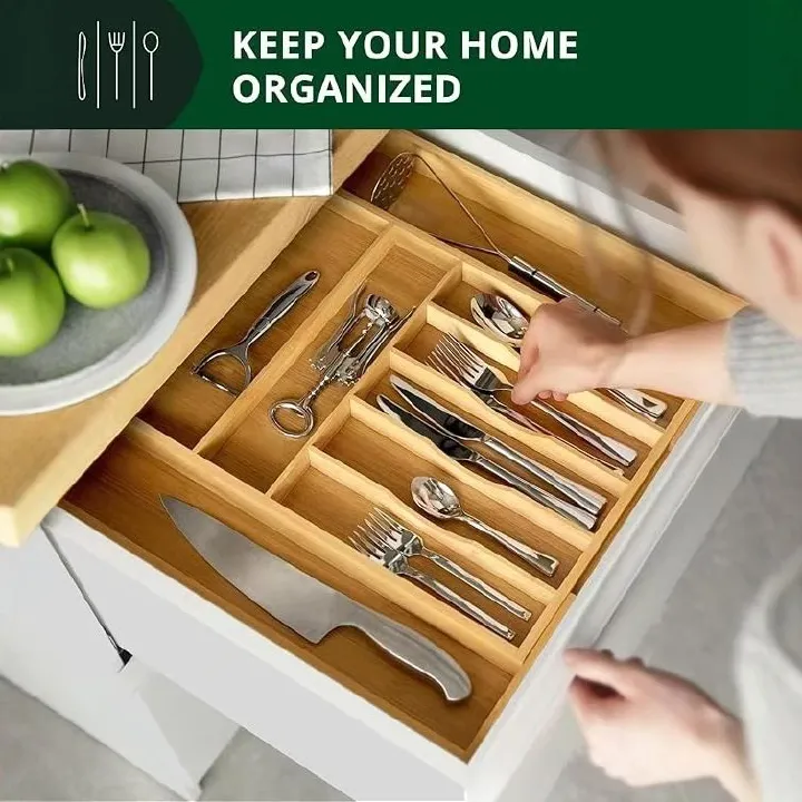 Bamboo Silverware Drawer Organizer Kitchen, Expandable Utensil Organizer with Knife Block, Cutlery Tray with Divider, Multifunctional Drawer Organizer