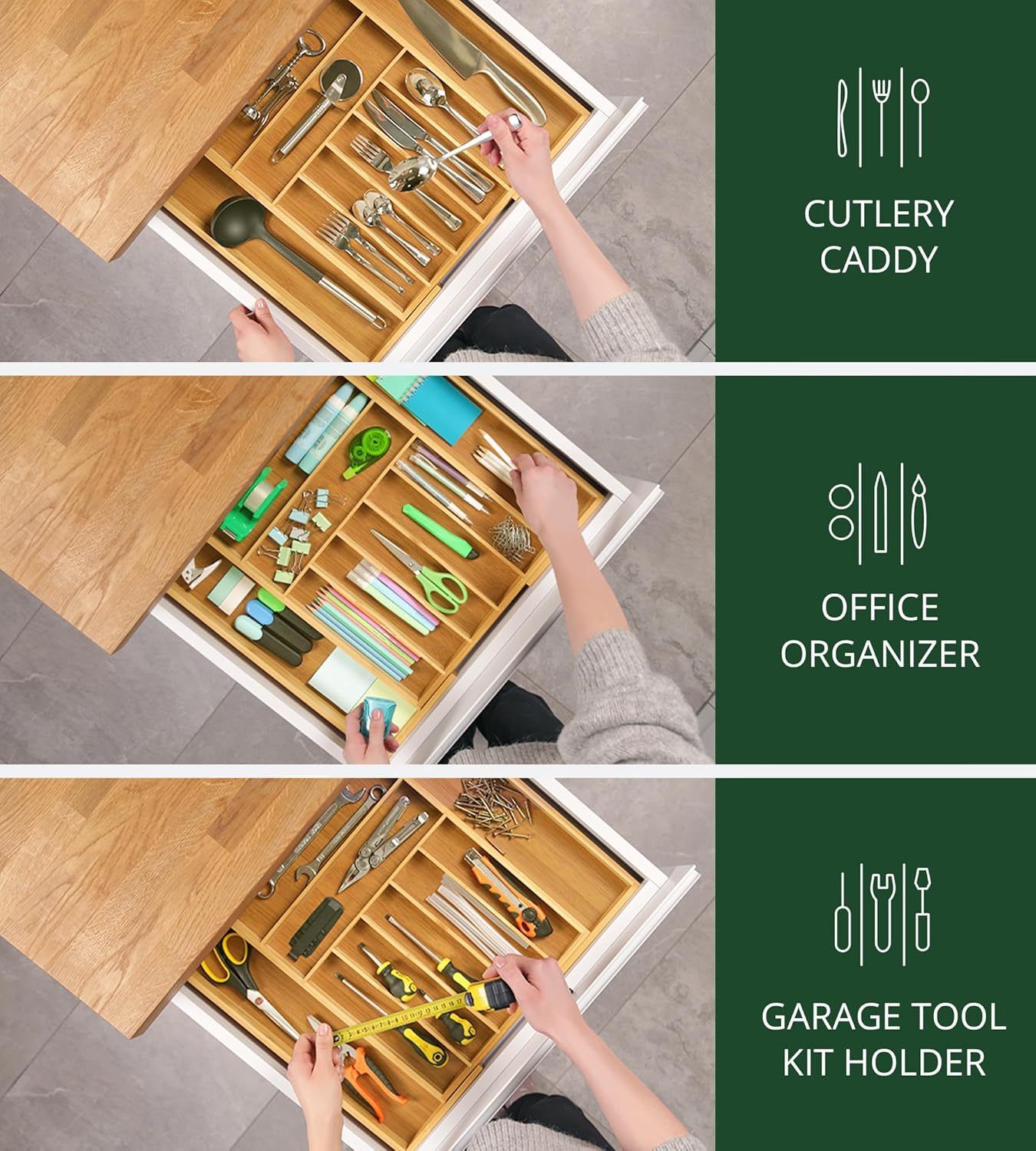 Bamboo Silverware Drawer Organizer Kitchen, Expandable Utensil Organizer with Knife Block, Cutlery Tray with Divider, Multifunctional Drawer Organizer