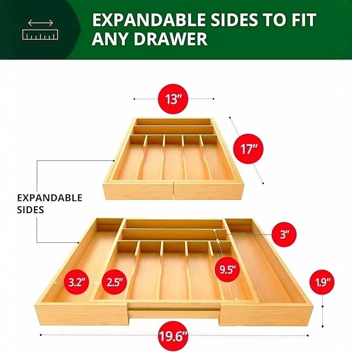 Bamboo Silverware Drawer Organizer Kitchen, Expandable Utensil Organizer with Knife Block, Cutlery Tray with Divider, Multifunctional Drawer Organizer