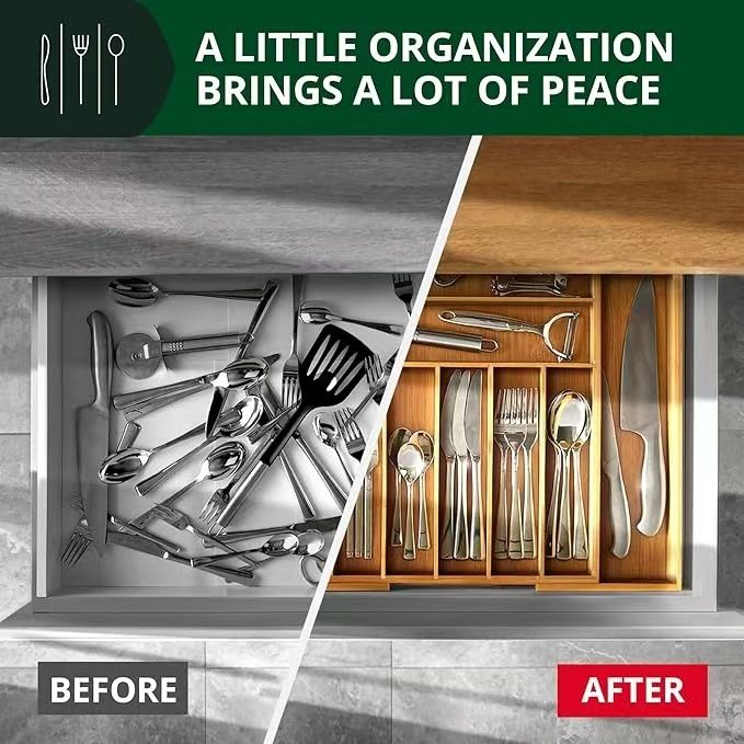 Bamboo Silverware Drawer Organizer Kitchen, Expandable Utensil Organizer with Knife Block, Cutlery Tray with Divider, Multifunctional Drawer Organizer