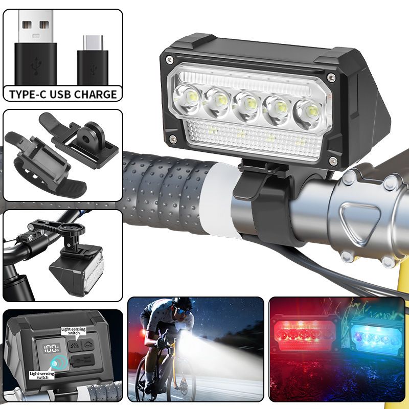 600 lumens ultra bright bicycle light, 5 modes rechargeable bicycle light with side lights at the front and rear, IP4 waterproof bicycle front light, suitable for daytime/nighttime cycling safety