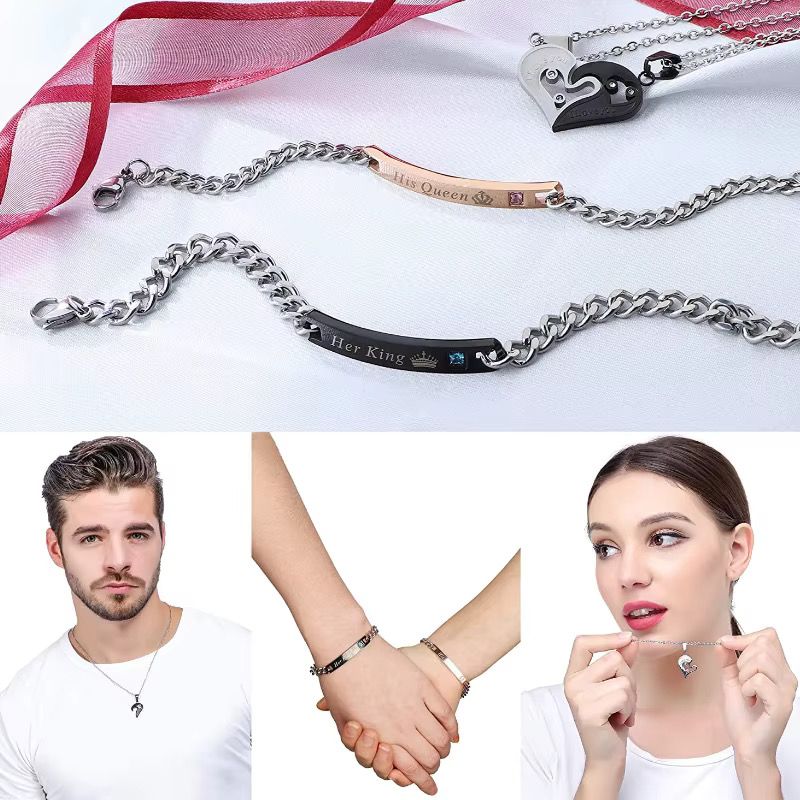 4Pieces Couple's Heart-Shaped “I Love You” Pendant Necklace Lovers' Jewelry Valentine's Day Gift Fashionable Couple's Necklace + Matching Bracelet Unisex Lovers' Necklace & Pendant Holiday Gift Set