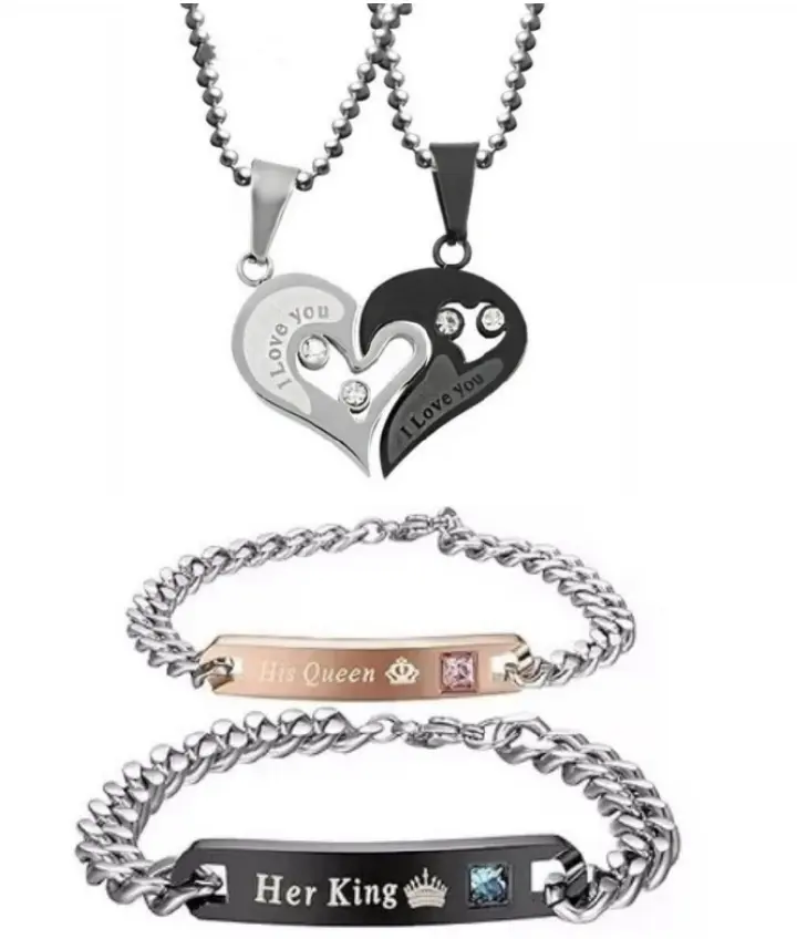 4Pieces Couple's Heart-Shaped “I Love You” Pendant Necklace Lovers' Jewelry Valentine's Day Gift Fashionable Couple's Necklace + Matching Bracelet Unisex Lovers' Necklace & Pendant Holiday Gift Set