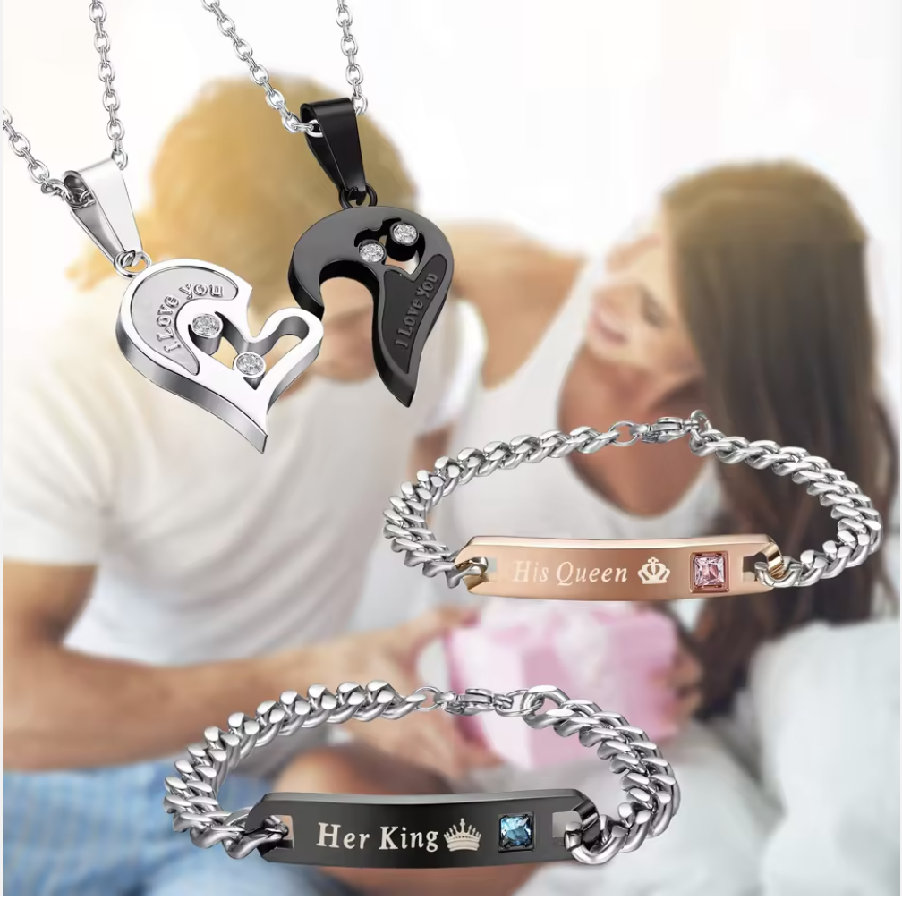 4Pieces Couple's Heart-Shaped “I Love You” Pendant Necklace Lovers' Jewelry Valentine's Day Gift Fashionable Couple's Necklace + Matching Bracelet Unisex Lovers' Necklace & Pendant Holiday Gift Set