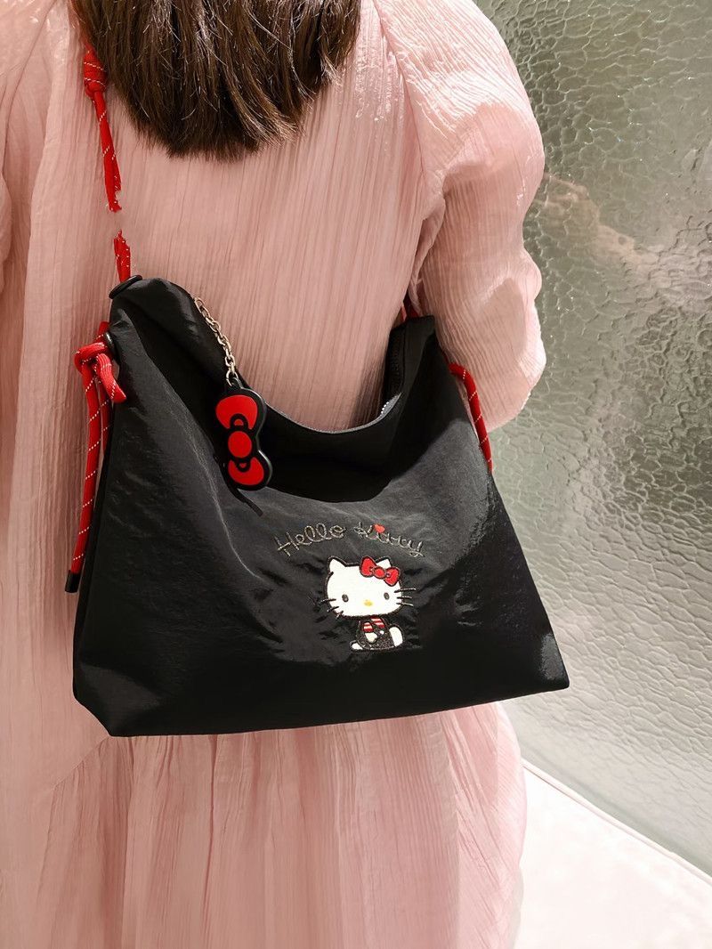 Hello Kitty Embroidered Tote Bag Large Capacity Nylon Shoulder Bag Cute Cartoon Hobo Bag for Women Girls Daily Commute Shopping School Travel
