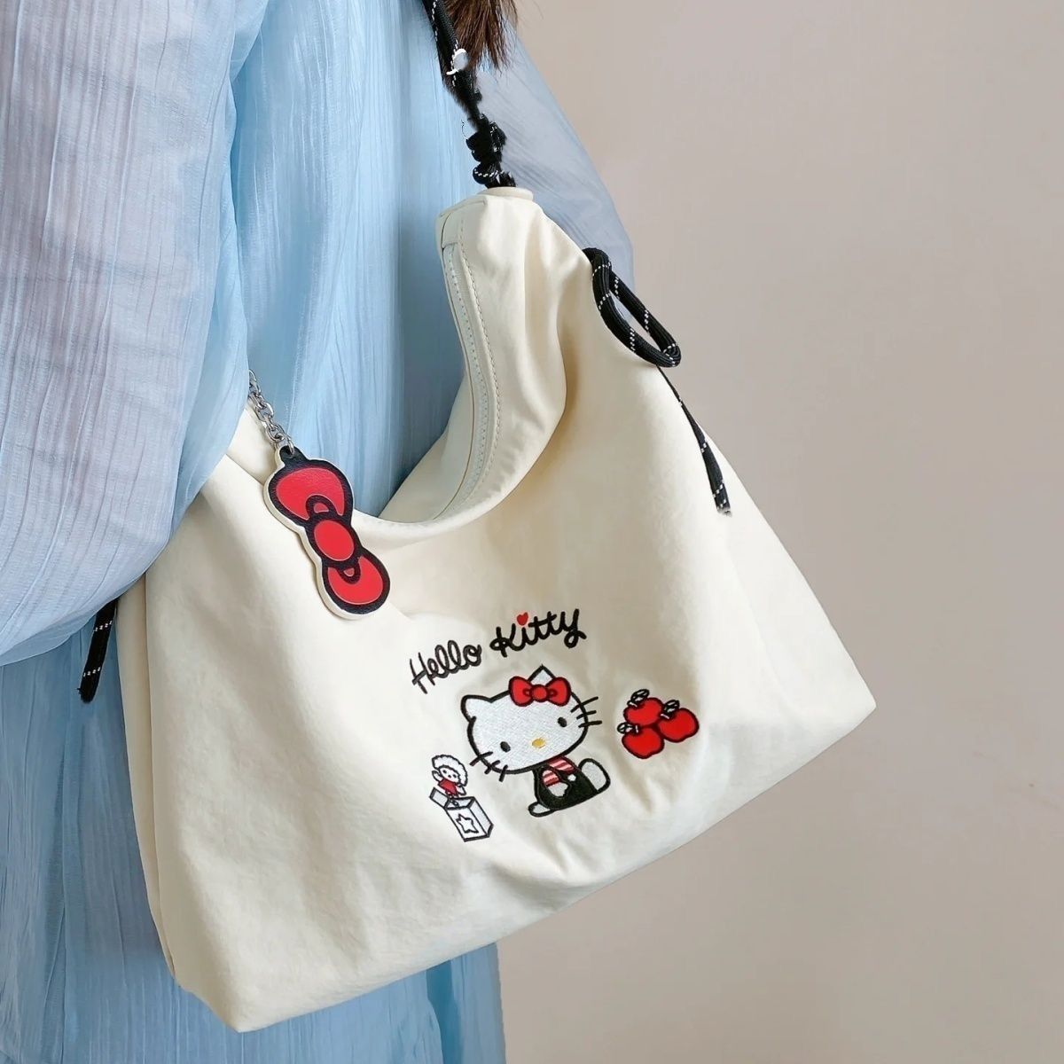 Hello Kitty Embroidered Tote Bag Large Capacity Nylon Shoulder Bag Cute Cartoon Hobo Bag for Women Girls Daily Commute Shopping School Travel