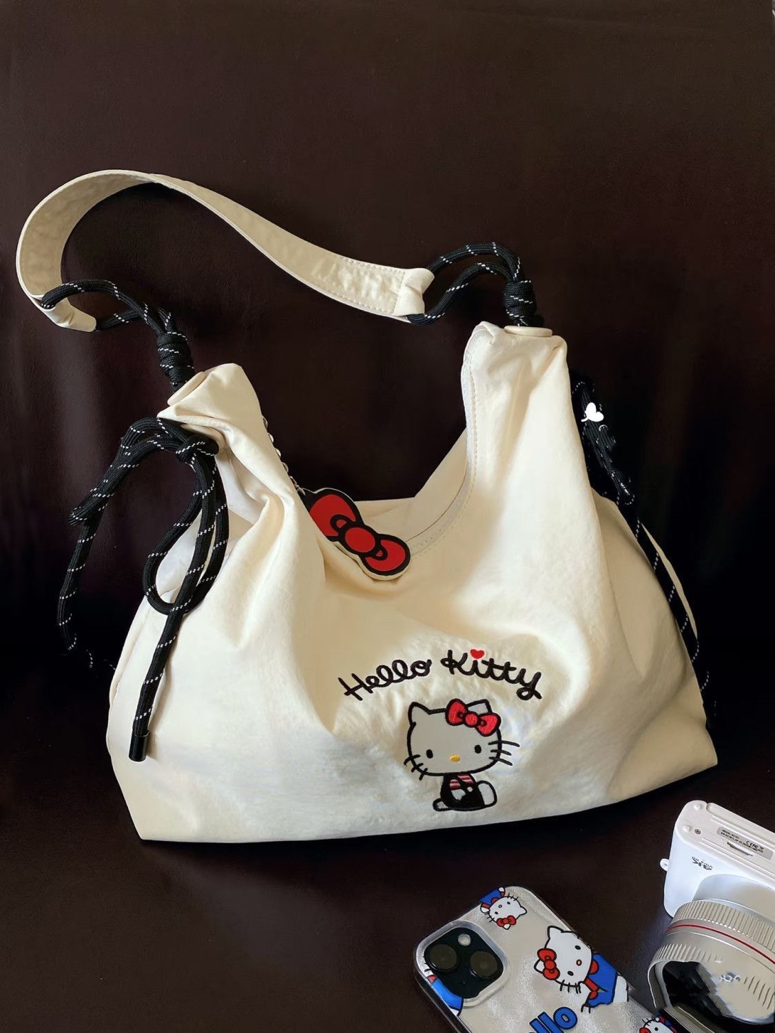 Hello Kitty Embroidered Tote Bag Large Capacity Nylon Shoulder Bag Cute Cartoon Hobo Bag for Women Girls Daily Commute Shopping School Travel