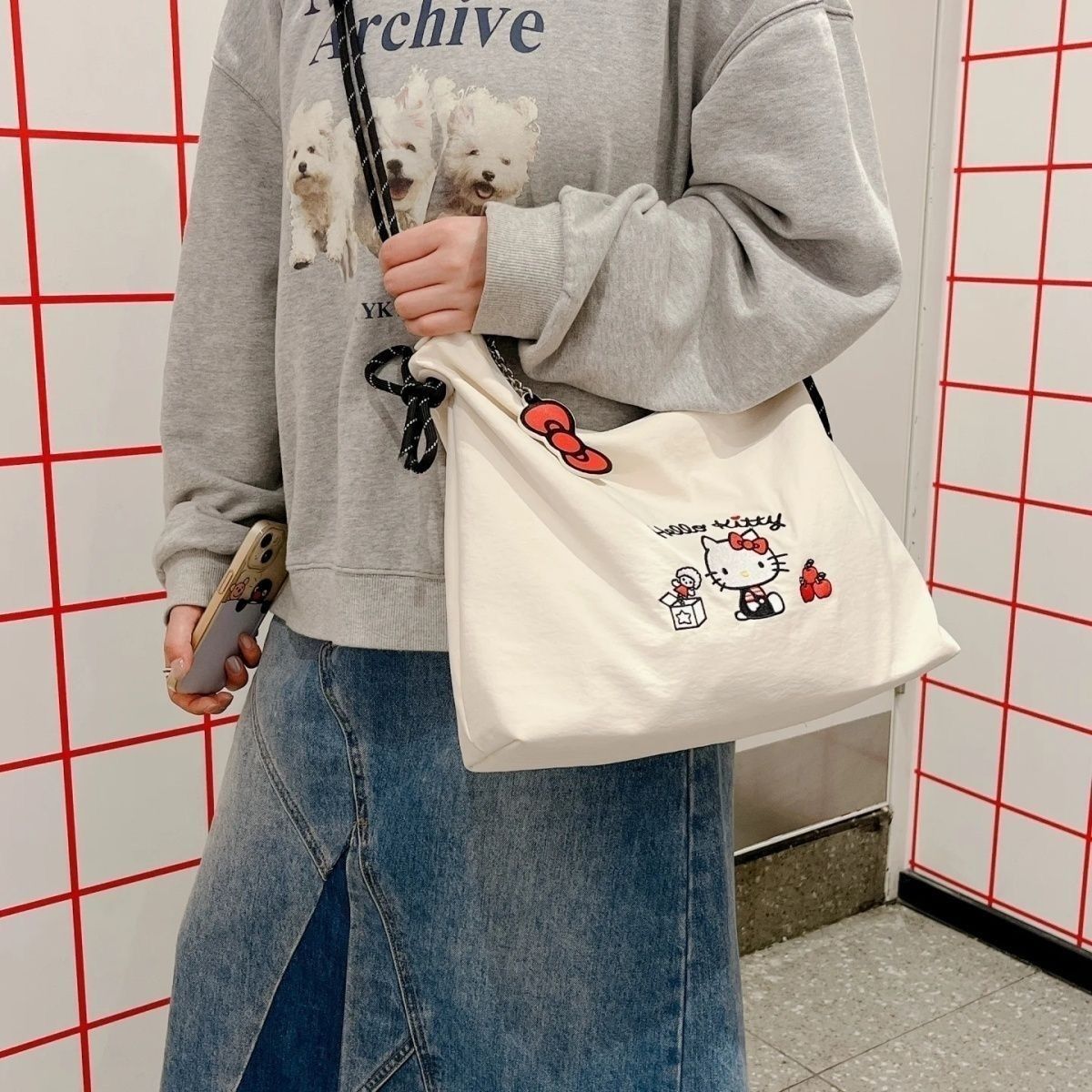 Hello Kitty Embroidered Tote Bag Large Capacity Nylon Shoulder Bag Cute Cartoon Hobo Bag for Women Girls Daily Commute Shopping School Travel