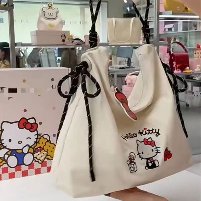 Hello Kitty Embroidered Tote Bag Large Capacity Nylon Shoulder Bag Cute Cartoon Hobo Bag for Women Girls Daily Commute Shopping School Travel