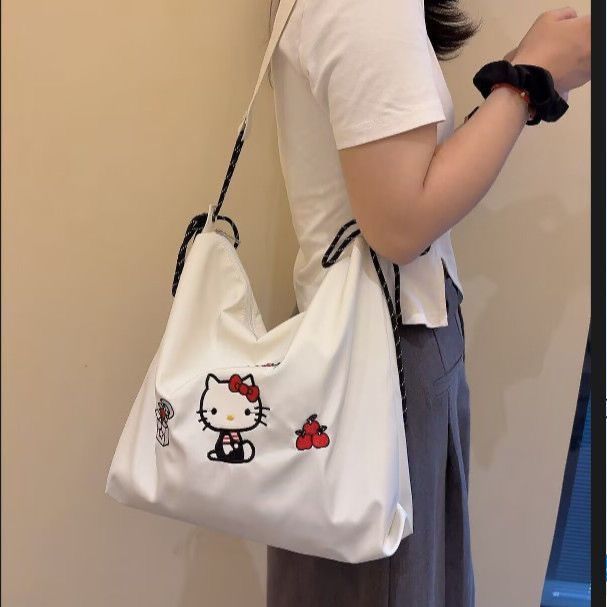 Hello Kitty Embroidered Tote Bag Large Capacity Nylon Shoulder Bag Cute Cartoon Hobo Bag for Women Girls Daily Commute Shopping School Travel