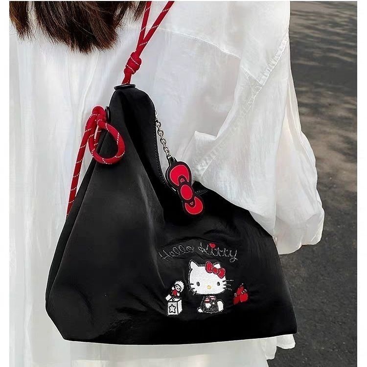 Hello Kitty Embroidered Tote Bag Large Capacity Nylon Shoulder Bag Cute Cartoon Hobo Bag for Women Girls Daily Commute Shopping School Travel
