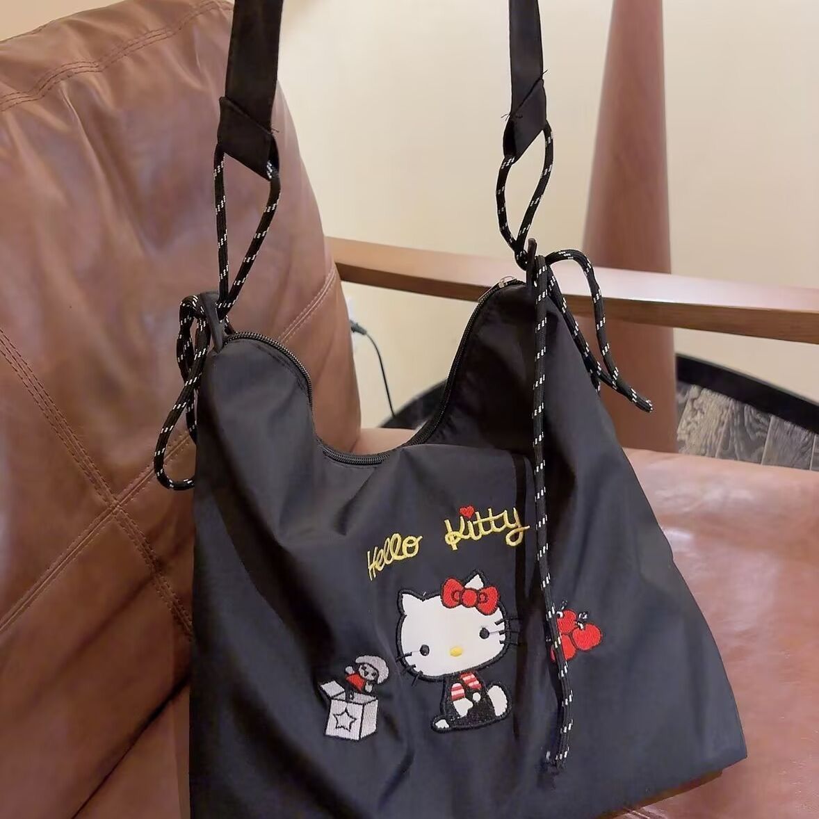 Hello Kitty Embroidered Tote Bag Large Capacity Nylon Shoulder Bag Cute Cartoon Hobo Bag for Women Girls Daily Commute Shopping School Travel
