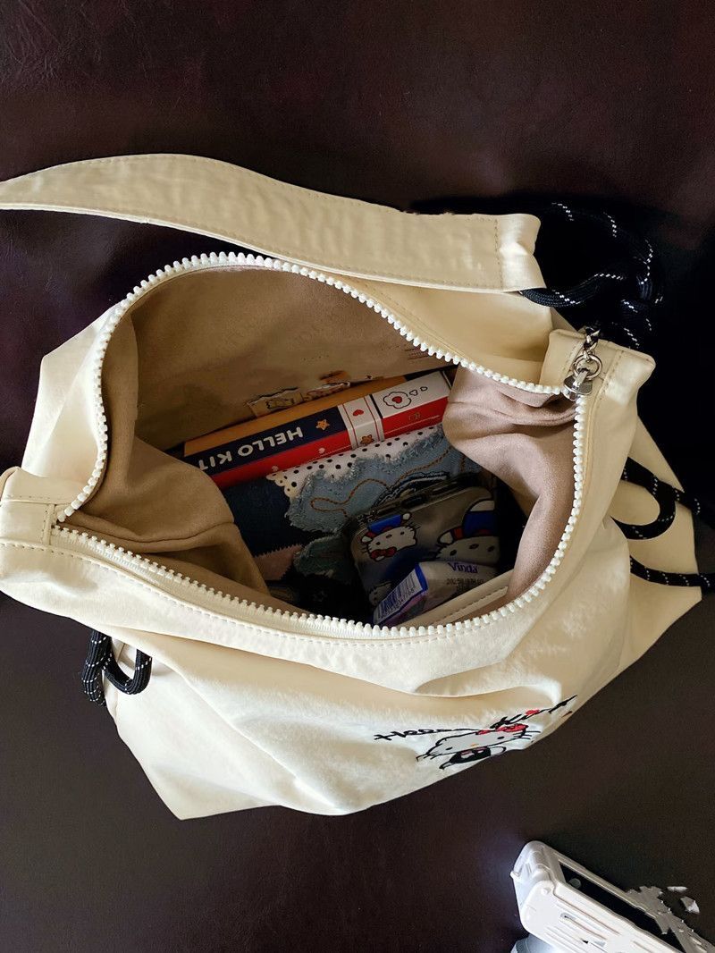 Hello Kitty Embroidered Tote Bag Large Capacity Nylon Shoulder Bag Cute Cartoon Hobo Bag for Women Girls Daily Commute Shopping School Travel