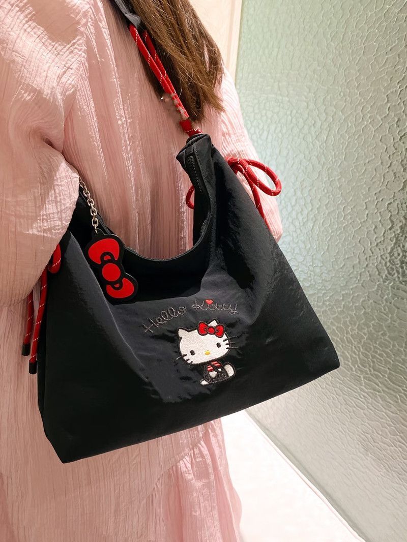 Hello Kitty Embroidered Tote Bag Large Capacity Nylon Shoulder Bag Cute Cartoon Hobo Bag for Women Girls Daily Commute Shopping School Travel