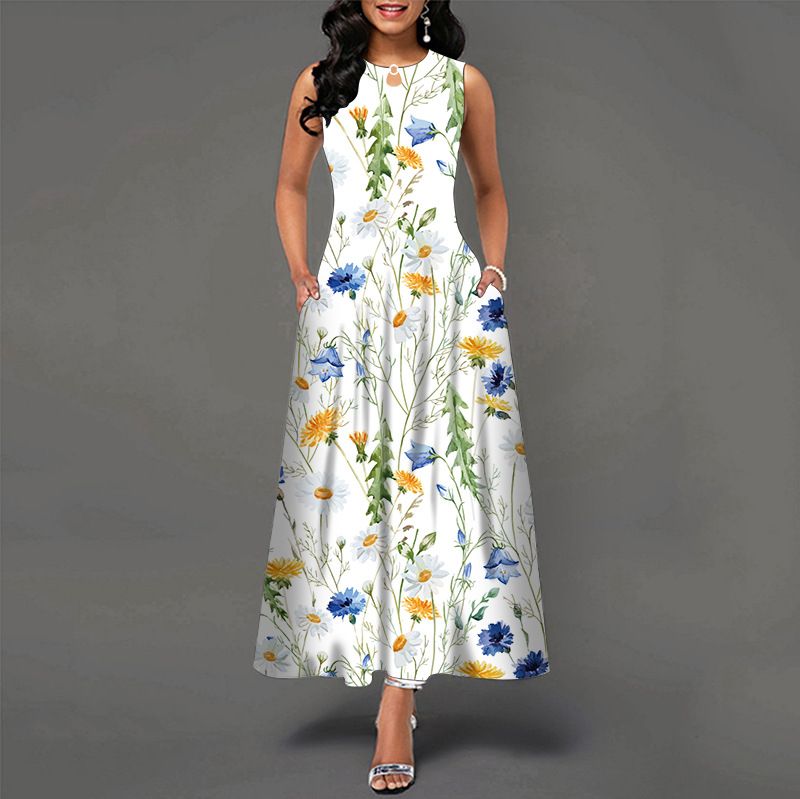 Best-selling printed dress for women in Europe and America, long style, women's dress, sleeveless with pockets, casual dress