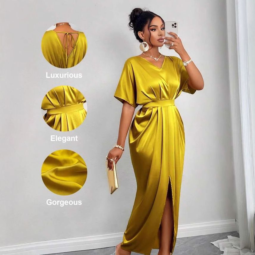New style temperament elegant V-collar short sleeve high waist step split dress long skirt