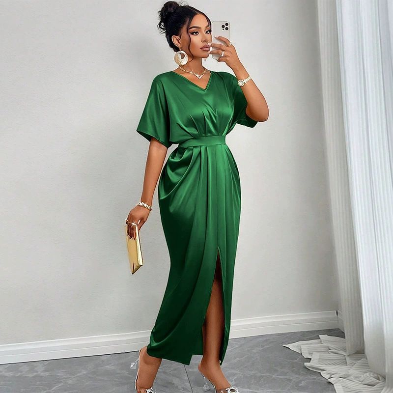 New style temperament elegant V-collar short sleeve high waist step split dress long skirt