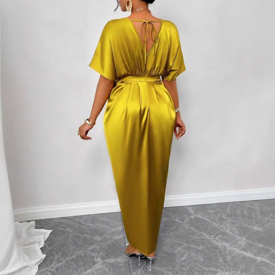 New style temperament elegant V-collar short sleeve high waist step split dress long skirt