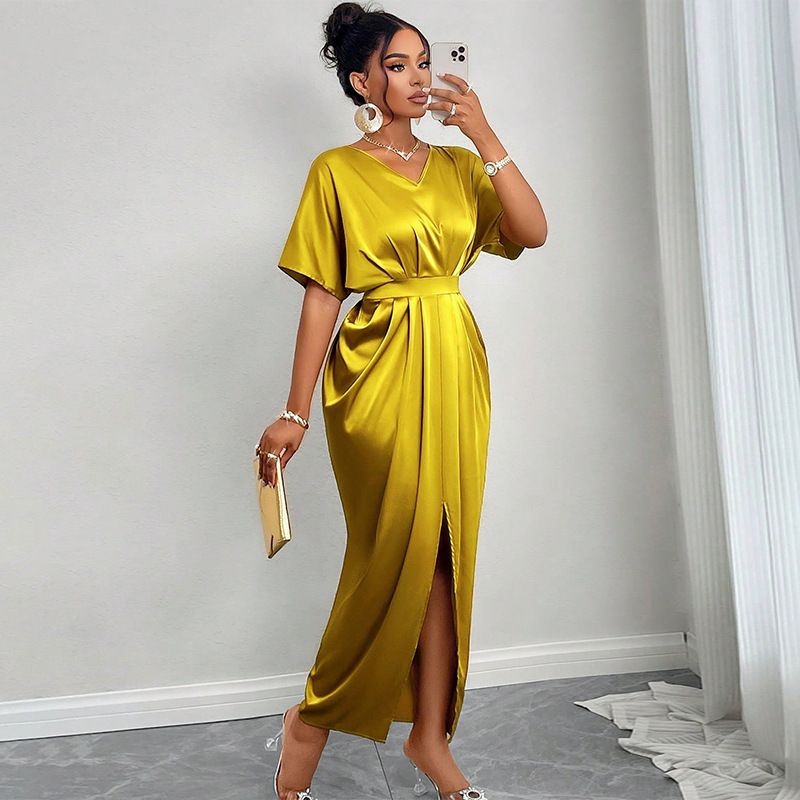 New style temperament elegant V-collar short sleeve high waist step split dress long skirt