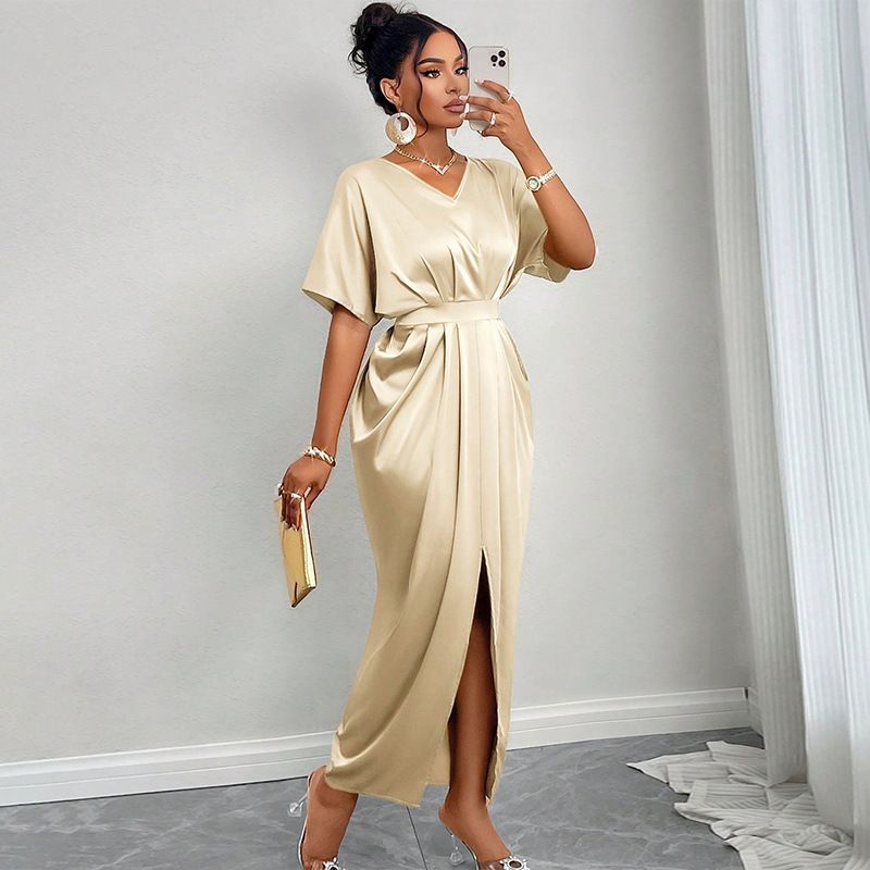 New style temperament elegant V-collar short sleeve high waist step split dress long skirt