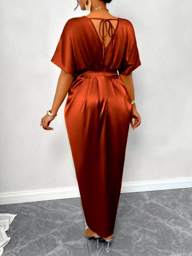 New style temperament elegant V-collar short sleeve high waist step split dress long skirt