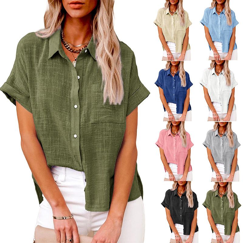 The new summer in Europe and the United States sell women's solid color shirt short-sleeved cotton loose casual shirt