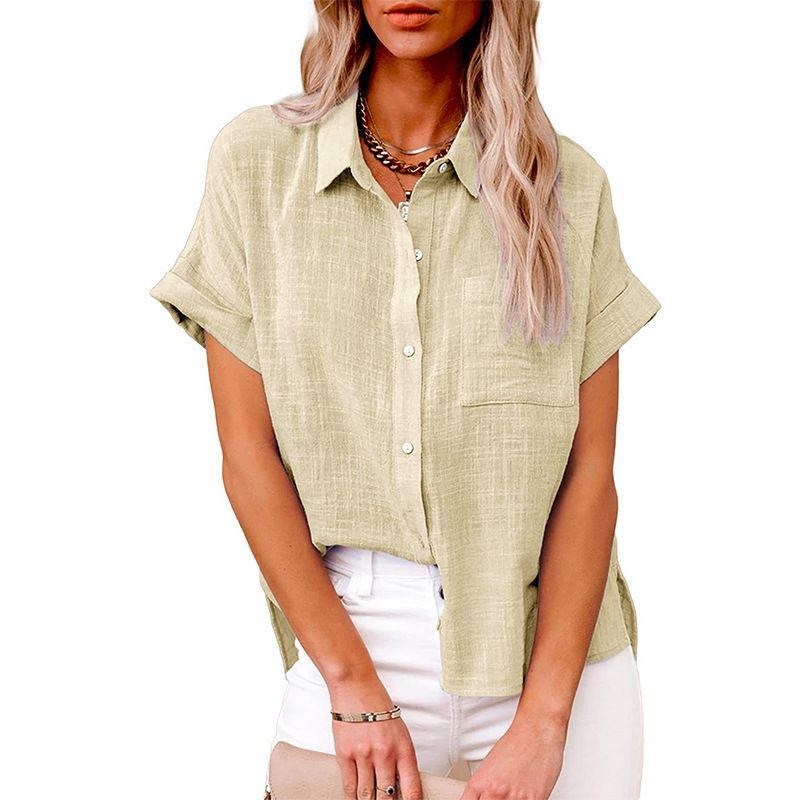 The new summer in Europe and the United States sell women's solid color shirt short-sleeved cotton loose casual shirt