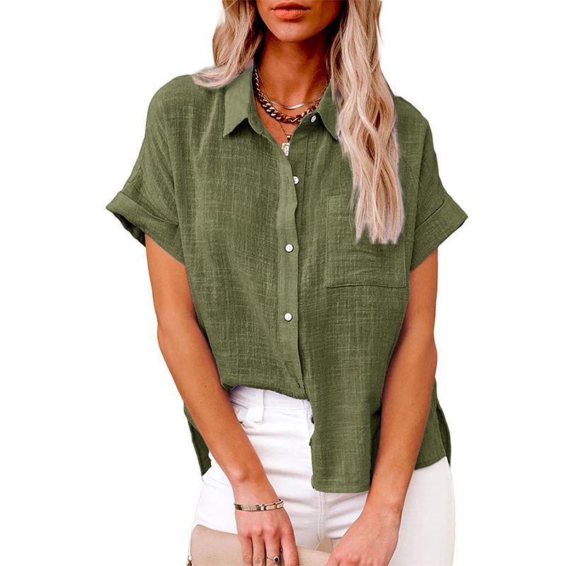 The new summer in Europe and the United States sell women's solid color shirt short-sleeved cotton loose casual shirt