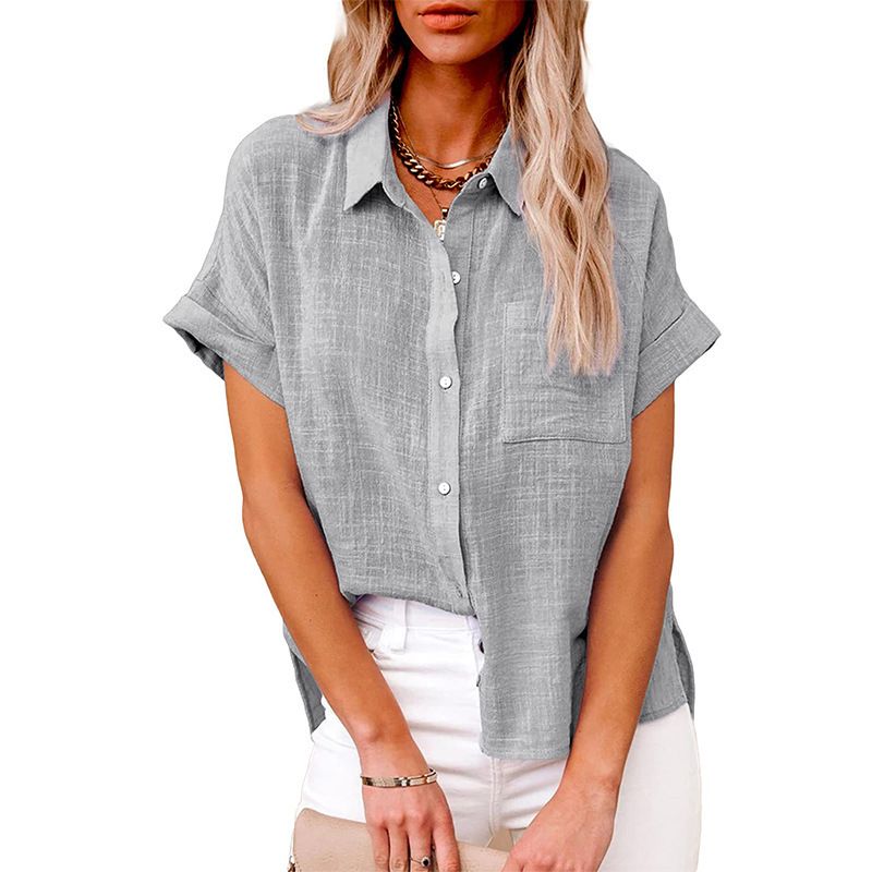 The new summer in Europe and the United States sell women's solid color shirt short-sleeved cotton loose casual shirt