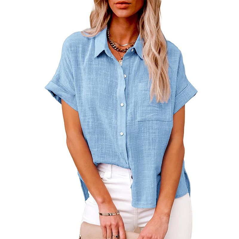 The new summer in Europe and the United States sell women's solid color shirt short-sleeved cotton loose casual shirt